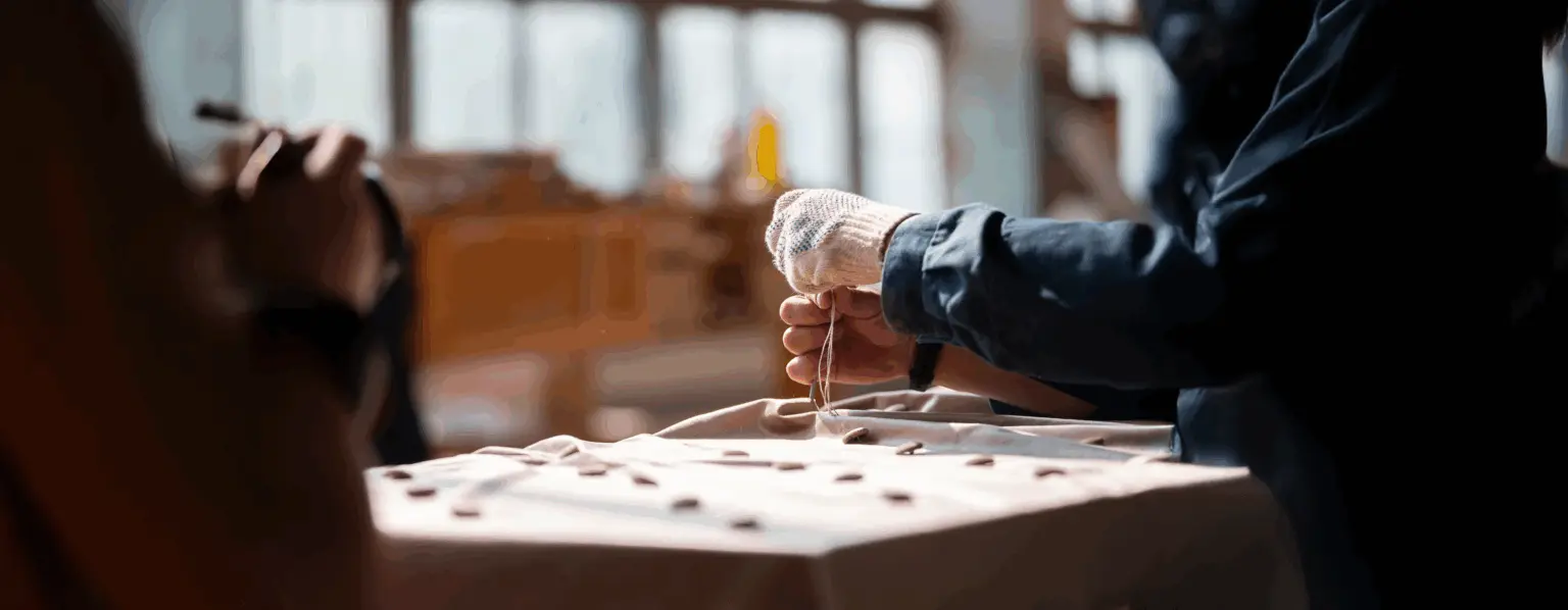 Mani artigiane cuciono bottoni su tessuto in un laboratorio luminoso